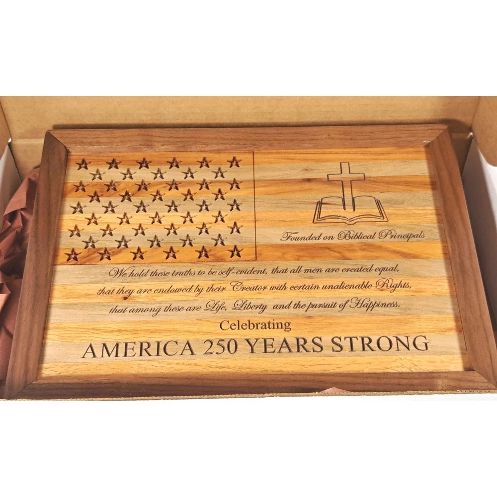 America 250 Years Strong Wooden Flag Plaque Biblical Principles Patriotic Decor